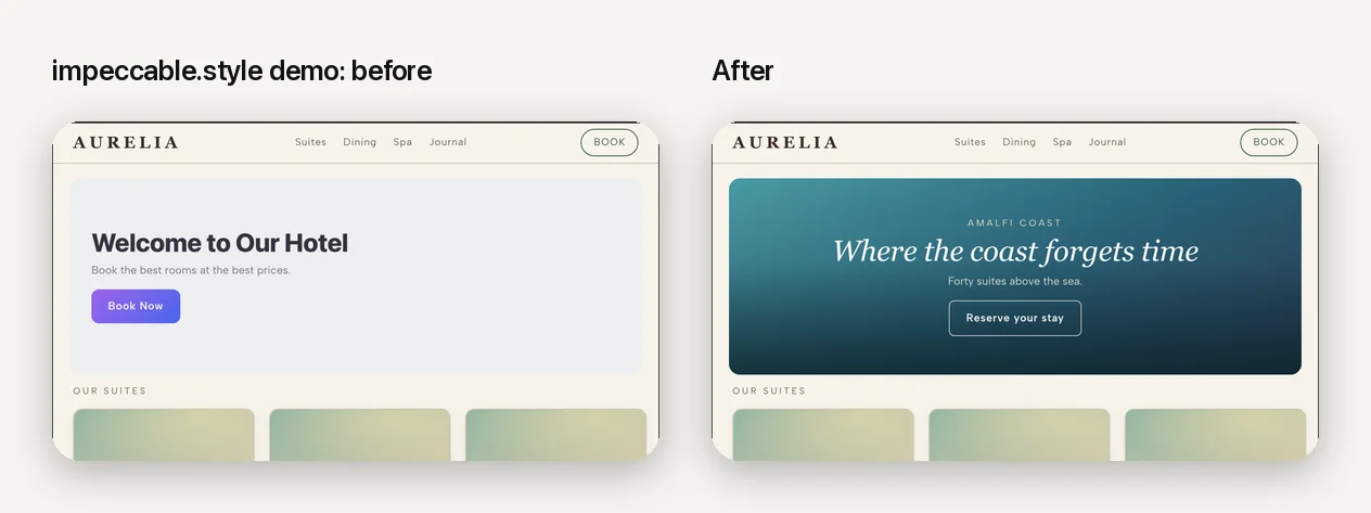 Two hotel-website heroes from the impeccable.style demo. Before: a flat 'Welcome to Our Hotel' with a purple button. After: a photographic hero reading 'Where the coast forgets time' with an outlined button.