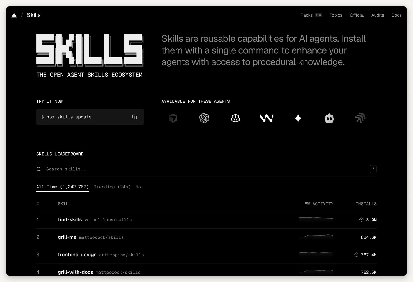 The skills.sh homepage: The Open Agent Skills Ecosystem, an install command 'npx skills add owner/repo', and a leaderboard ranked by installs with find-skills, grill-me, and frontend-design at the top.