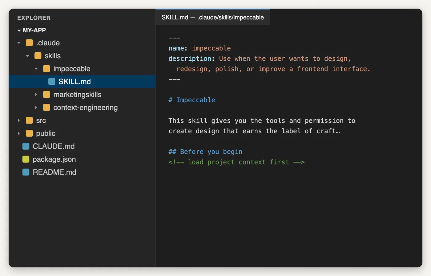 A code editor's file explorer for a project called my-app. Inside a .claude folder is a skills folder containing impeccable, marketingskills, and context-engineering; the impeccable folder holds SKILL.md, which is open in the editor.
