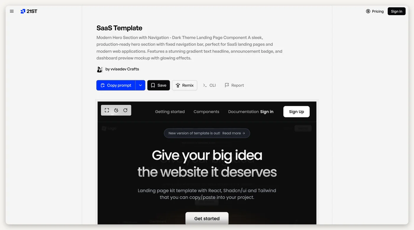 A 21st.dev component page for a 'SaaS Template' hero: title, description, author, and a row of buttons: Copy prompt, Save, Remix, CLI. Below, a live preview of the hero.