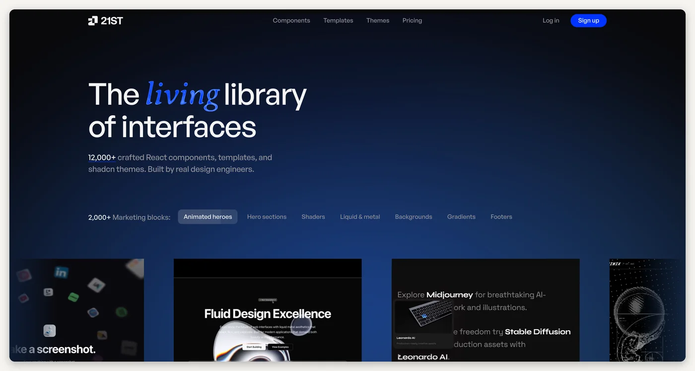 The 21st.dev homepage: 'The living library of interfaces. 12,000+ crafted React components, templates, and shadcn themes. Built by real design engineers.' with a row of animated hero previews.