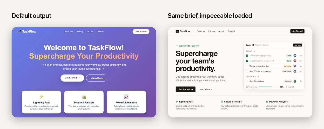 Two versions of the same TaskFlow landing page. Left: purple-to-blue gradient, centred headline with gradient text, two pill buttons, three white cards with emoji icons. Right: warm off-white page, left-aligned black headline, one dark button, a real product screenshot of a task list, three features in a hairline row.
